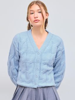 Cider - Cable Knit Wool-blend V-neck Solid Button Cardigan