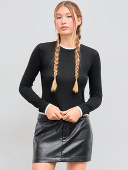 Cider - Knit Wool-blend Round Neckline Solid Contrasting Binding Long Sleeve Top