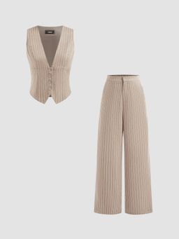 Cider - V-neck Stripe Button Tank Top & Mid Rise Pocket Straight Leg Trousers