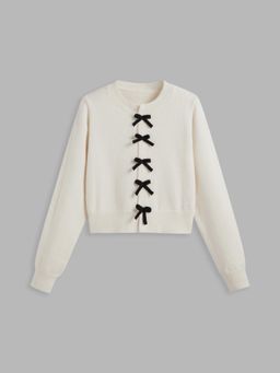 Cider - Knit Round Neckline Bowknot Tie Front Cardigan