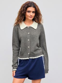 Cider - Knit Collar Contrasting Binding Button Up Cardigan