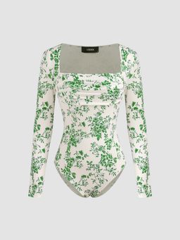 Cider - Square Neck Floral Ruched Bodysuit