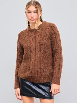 Cider - Wool-blend Cable Knit Round Neckline Solid Long Sleeve Sweater