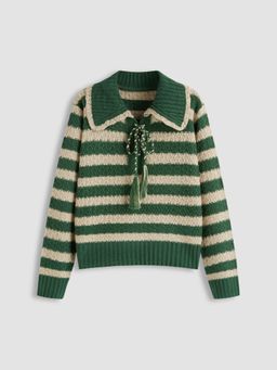 Cider - Knit Collar Striped Knotted Oversized Sweater