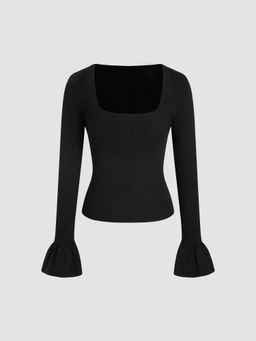 Cider - Knit U-Neckline Solid Long Sleeve Top