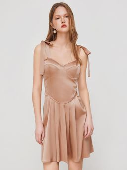 Cider - Satin Sweetheart Knotted Pleated Mini Dress