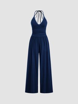 Cider - Halter Neckline Lace Trim Backless Ruched Jumpsuit