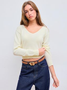 Cider - 100% Wool V-neck Solid Ruched Long Sleeve Top