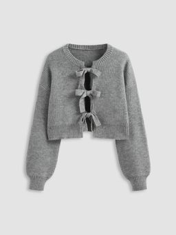 Cider - Knit Round Neck Solid Tie Front Bowknot Cardigan
