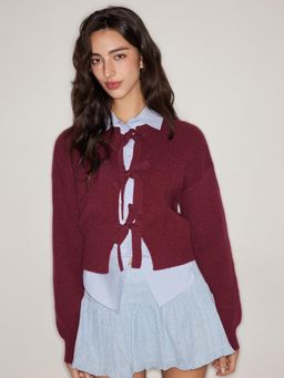 Cider - Knit Round Neck Solid Tie Front Bowknot Cardigan