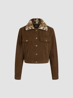 Cider - Corduroy Collar Leopard Oversized Shearling Jacket