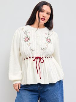 Cider - Cable Knit Round Neckline Floral Embroidery Knotted Cardigan Curve & Plus
