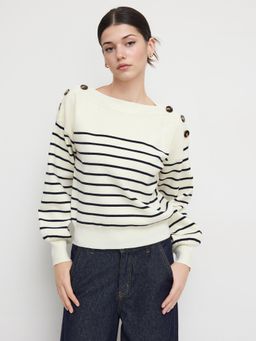 Cider - Knit Boat Neck Striped Button Long Sleeve Top