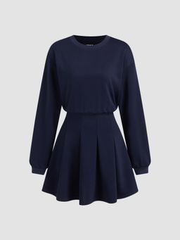 Cider - Round Neckline Pleated Long Sleeve Mini Dress