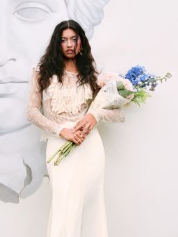 Cider - Lace Boat Neck See-through Ruffle Hem Long Sleeve Top