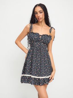 Cider - 100% Cotton Sweetheart Floral Knotted Tiered Mini Dress