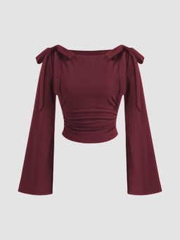 Cider - Boat Neck Bowknot Ruched Long Sleeve Top