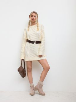 Cider - Cable Knit Round Neckline Mini Dress