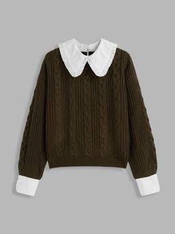 Cider - Babydoll Collar Cable Knit Faux Two-Piece Long Sleeve Sweater