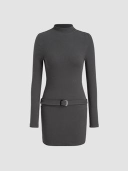 Cider - Cotton-blend Stand Collar Mini Dress With Belt