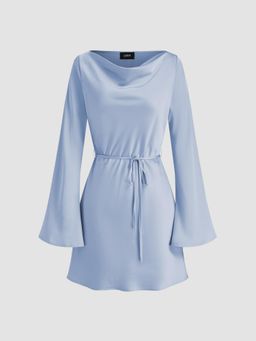 Cider - Satin Cowl Neck Knotted Bell Sleeve Mini Dress