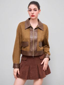 Cider - Zip Through Suede Colorblock Borg Jacket