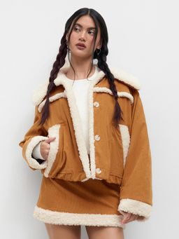 Cider - Corduroy Oversized Borg Jacket With Faux Shearling Collar