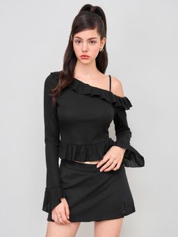 Cider - Asymmetrical Neck Ruffle Hem Long Sleeve Top