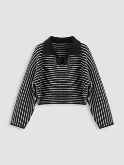 Cider - Wool-blend Knit Collar Stripe Oversized Long Sleeve Top