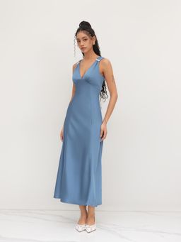 Cider - Satin V-neck Faux Pearl Ruffle Backless Maxi Dress
