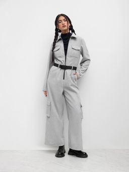 Cider - Wool-look Collar Straight Leg Cargo Jumpsuit With Belt