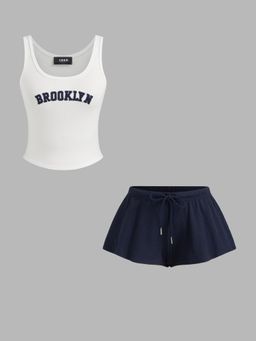 Cider - BROOKLYN Cotton-blend U-neckline Graphic Tank Top & Low Rise Knotted Wide Leg Shorts