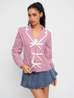 Cider - 100% Cotton Collar Stripe Tie Front Bowknot Blouse