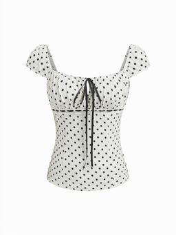 Cider - Square Neck Polka Dot Knotted Short Sleeve Top