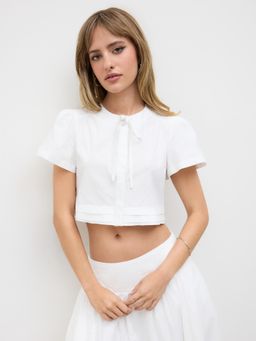 Cider - 100% Cotton Floral Embroidery Knotted Crop Shirt