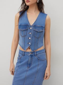 Cider - High Stretch Denim V-neck Knotted Crop Vest