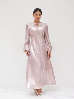 Cider - Satin Round Neckline Floral Embroidery Knotted Maxi Dress