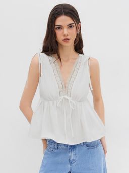 Cider - 100% Cotton V-neck Lace Trim Ruffle Hem Knotted Tank Top