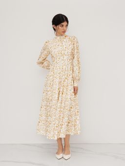 Cider - Stand Collar Floral Lettuce Trim Maxi Dress
