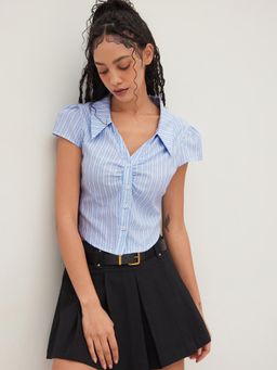 Cider - Cotton-blend Collar Stripes Ruched Shirt