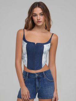 Cider - Denim U-neckline Lace Patchy Cami Crop Top