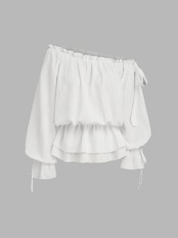 Cider - Asymmetrical Neck Lantern Sleeve Knotted Blouse