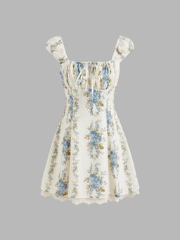 Cider - Square Neck Floral Knotted Mini Dress