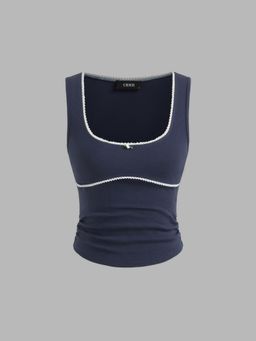 Cider - Cotton-blend U-neckline Contrasting Binding Ruched Top