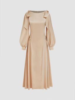 Cider - Boat Neck Bowknot Ruffle Puff Sleeve Maxi Dress