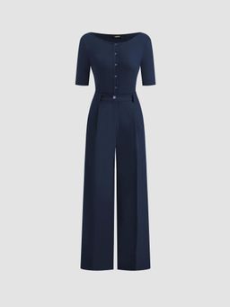Cider - Boat Neck Button Mid-length Sleeve Jumpsuit