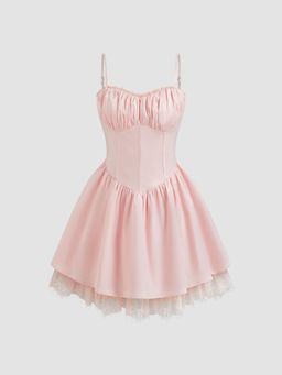 Cider - Satin Corset Lace Ruffle Layered Cami Mini Dress