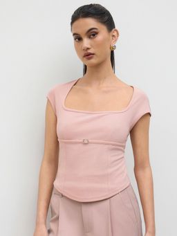 Cider - Square Neck Belted Short Sleeve Top