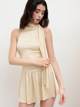 Cider - Satin Halter Neckline Ruffle Hem Mini Dress With Scarf