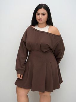 Cider - Terry Asymmetrical Neck Ruffle Hem Mini Dress Curve & Plus